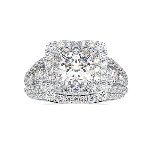 Haute Couture Princess Shape Diamond Multi Stone V-Prong Set & Channel Set Halo Ring