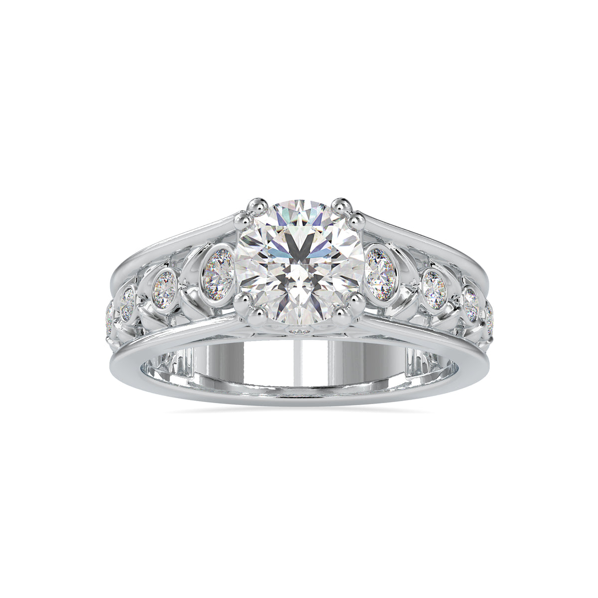 Regal Radiance Round Shape Brilliant Cut Diamond Vintage Leafy Solitaire Ring