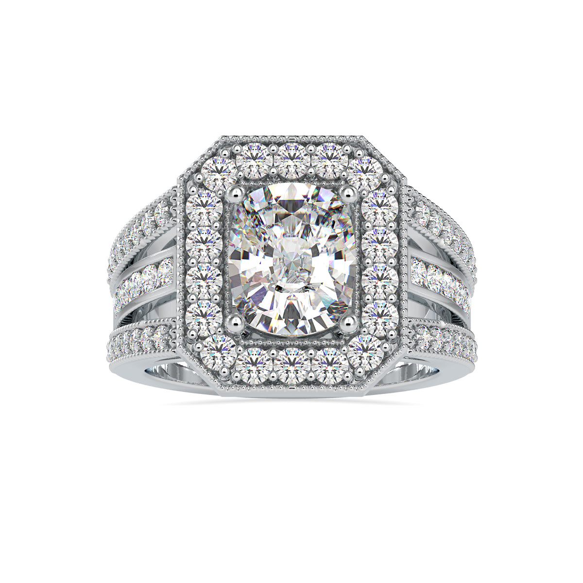 Radiance Cushion Shape Diamond Three Line Stone Elegant Halo Ring