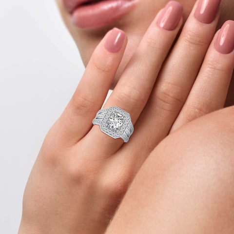 Radiance Cushion Shape Diamond Three Line Stone Elegant Halo Ring