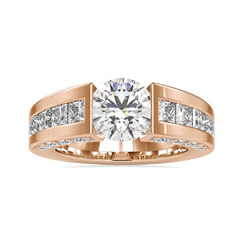 Majestic Round Shape Tension Set Diamond With Wide Princess Diamond Shank Solitaire Ring