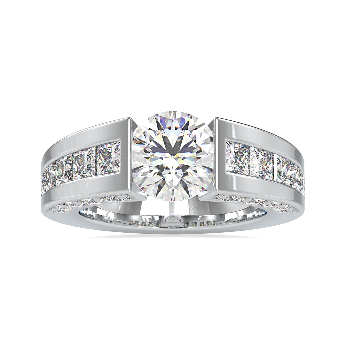 Majestic Round Shape Tension Set Diamond With Wide Princess Diamond Shank Solitaire Ring