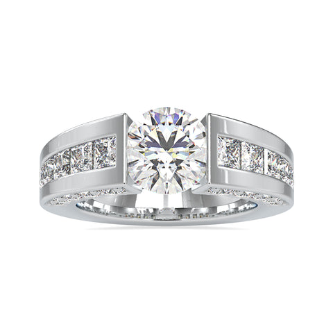 Majestic Round Shape Tension Set Diamond With Wide Princess Diamond Shank Solitaire Ring