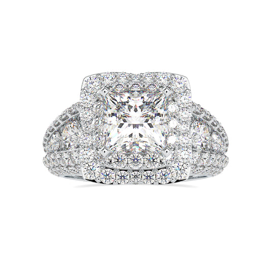 Haute Couture Princess Shape Diamond Multi Stone V-Prong Set & Channel Set Halo Ring