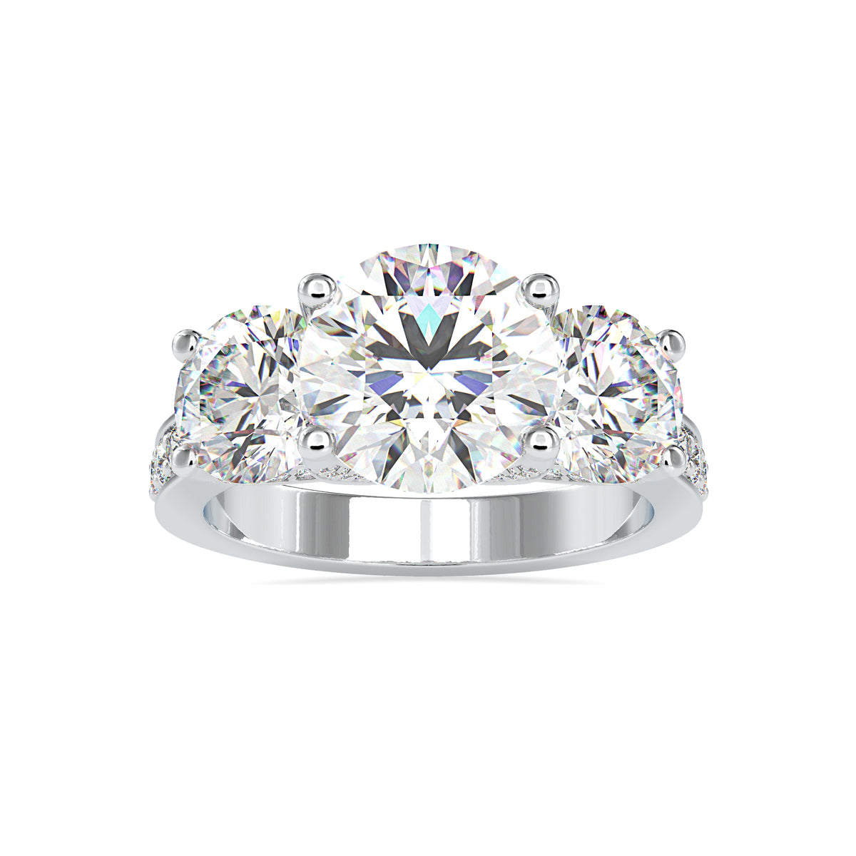 Brilliance Elegance  Three Stone Round Shape Diamond With Wide Multi Stone Channel Set Ring