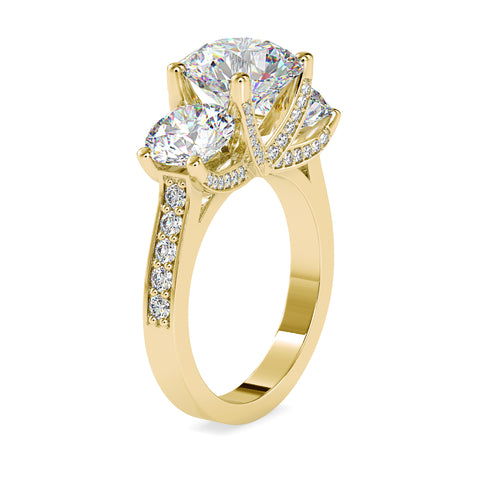 Brilliance Elegance  Three Stone Round Shape Diamond With Wide Multi Stone Channel Set Ring