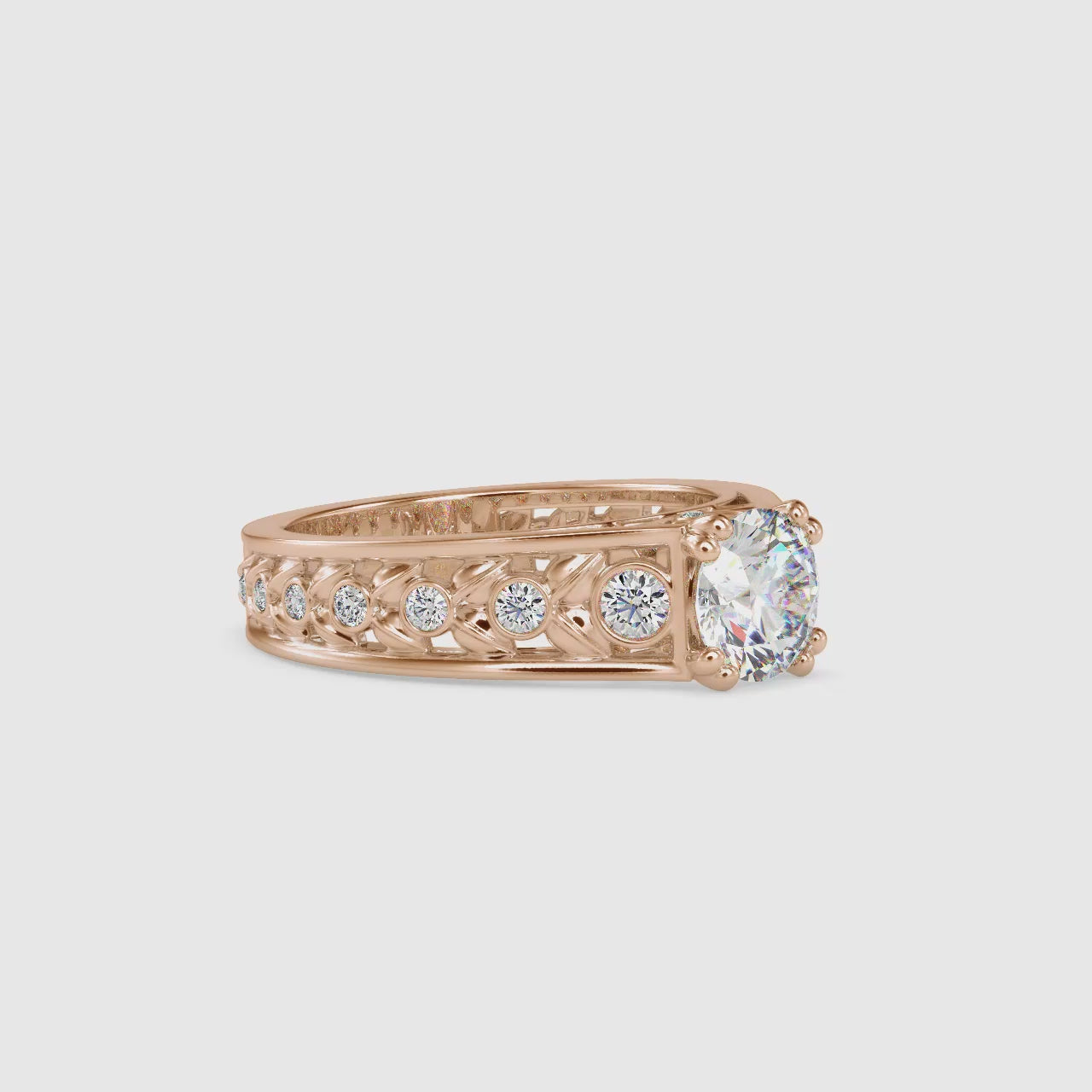 Regal Radiance Round Shape Brilliant Cut Diamond Vintage Leafy Solitaire Ring